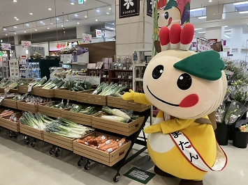 野菜売り場で買い物するかまたんの写真